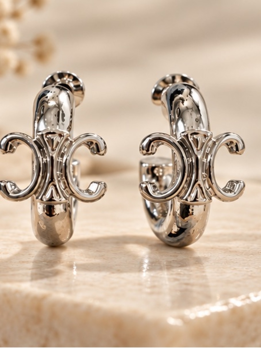 Designer Inspired Silver Hoop Earrings Statement Logo Style